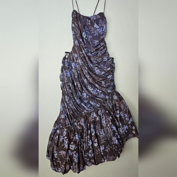 Let Me Be Floral Printed Backless Asymmetrical Bubble Hem Ruched Dress, Blue, S - Picture 11 of 14